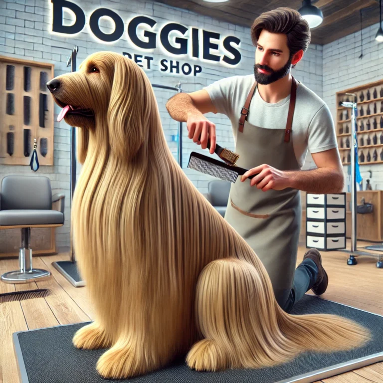 Chú chó lông dài được chải lông bằng lược chuyên dụng tại DOGGIES Pet Shop.