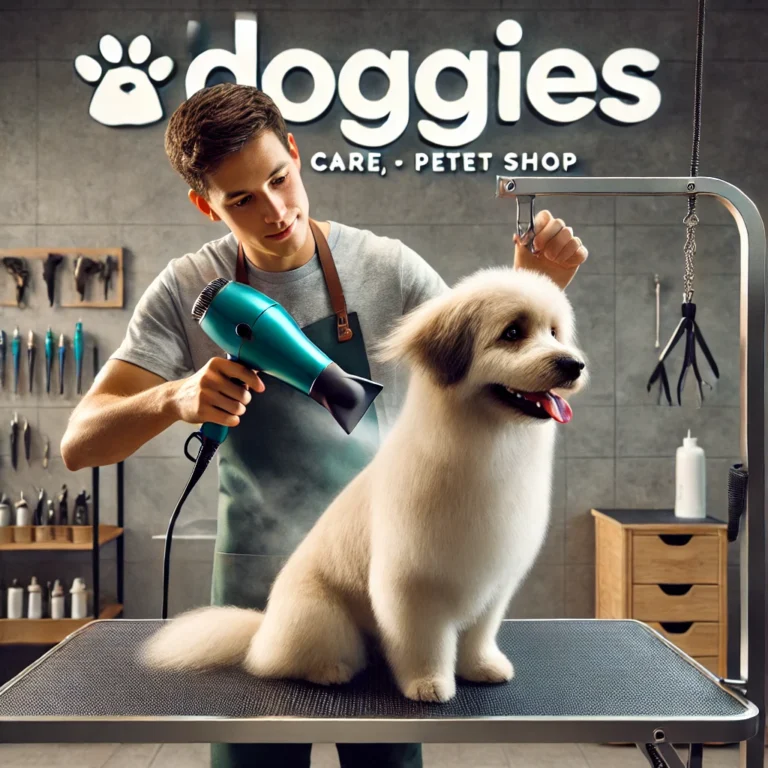 Sấy lông chó theo từng lớp nhỏ tại DOGGIES Pet Shop.