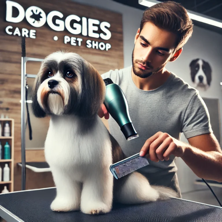 Sử dụng lược chải lông kết hợp khi sấy tại DOGGIES Pet Shop.