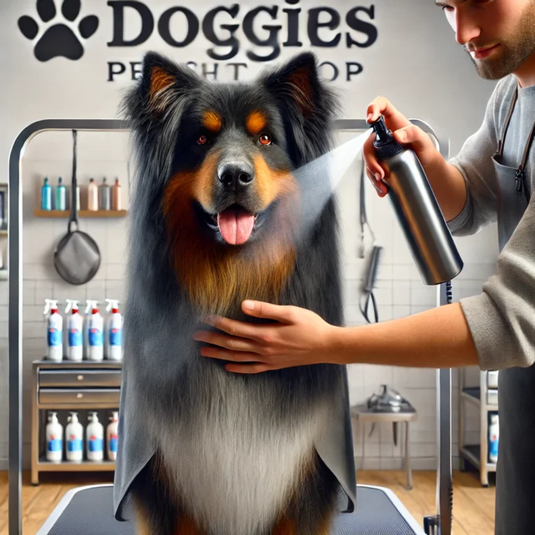 Sử dụng xịt dưỡng trước khi sấy lông cho chó tại DOGGIES Pet Shop.