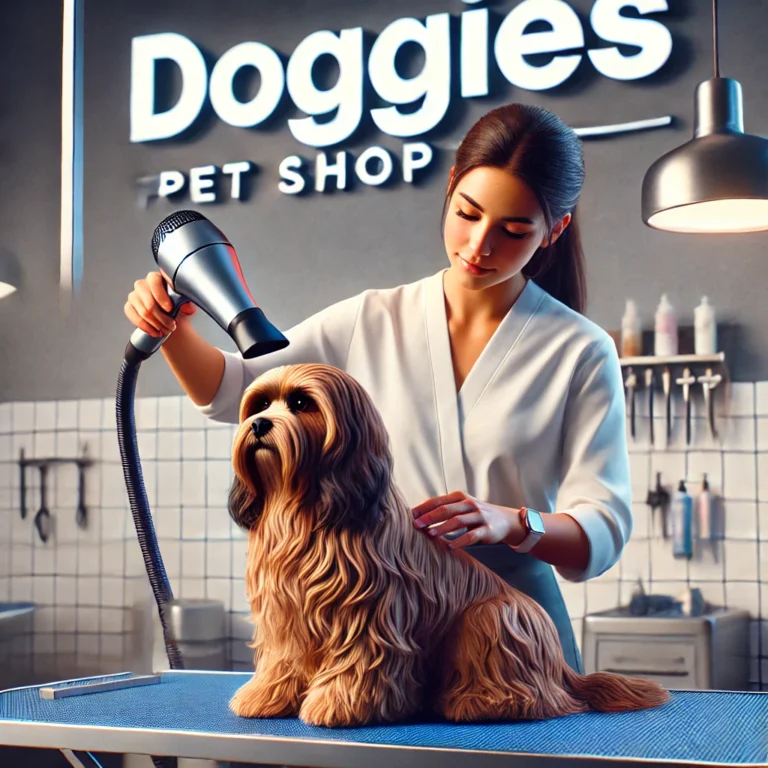 Kiểm tra độ khô của lông chó sau khi sấy tại DOGGIES Pet Shop.