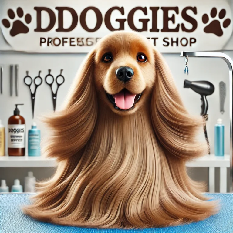 Chú chó lông dài rạng rỡ sau khi được sấy khô đúng cách tại DOGGIES Pet Shop.