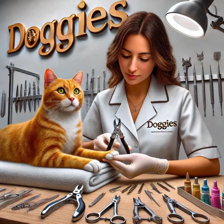 Cắt móng cho mèo bằng dụng cụ chuyên dụng tại DOGGIES Pet Shop.