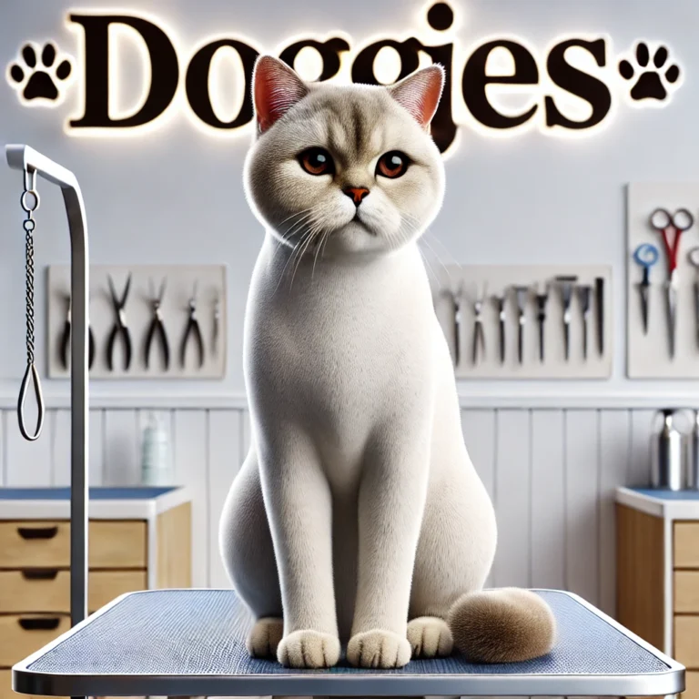 Mèo lông ngắn gọn gàng sau khi được cắt toàn bộ tại DOGGIES Pet Shop