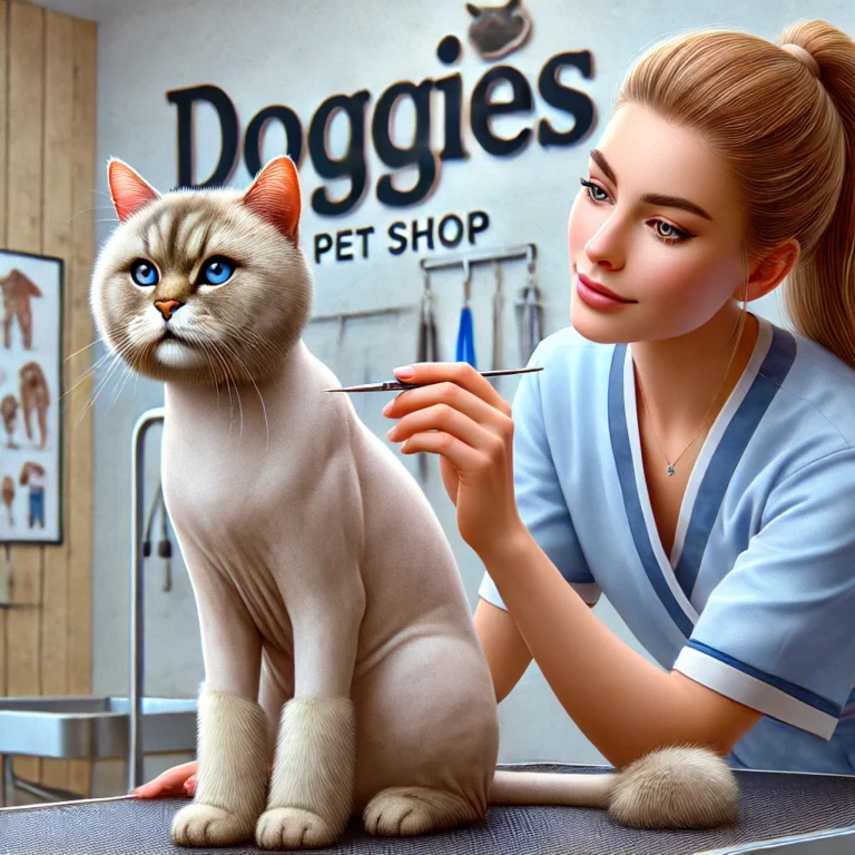 Mèo được kiểm tra sức khỏe da sau khi tỉa lông tại DOGGIES Pet Shop.