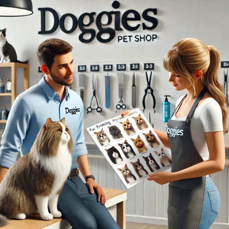 Nhân viên DOGGIES Pet Shop tư vấn kiểu cắt lông cho khách hàng và thú cưng của họ.