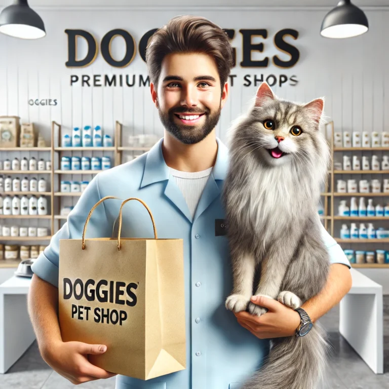 Khách hàng hài lòng cùng chú mèo được chăm sóc và sản phẩm từ DOGGIES Pet Shop.