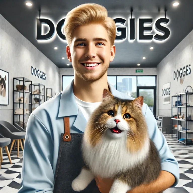 Khách hàng hài lòng cùng chú mèo được groom tại DOGGIES Pet Shop.