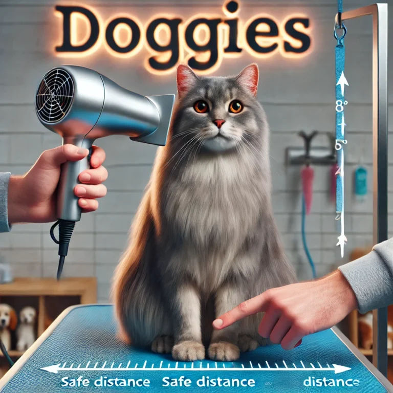 Minh họa khoảng cách an toàn khi sử dụng máy sấy cho mèo tại DOGGIES Pet Shop.