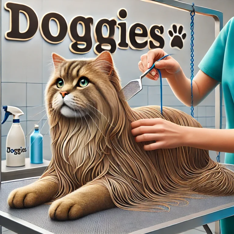Chuyên gia kiểm tra lông mèo sau khi sấy xong tại DOGGIES Pet Shop.