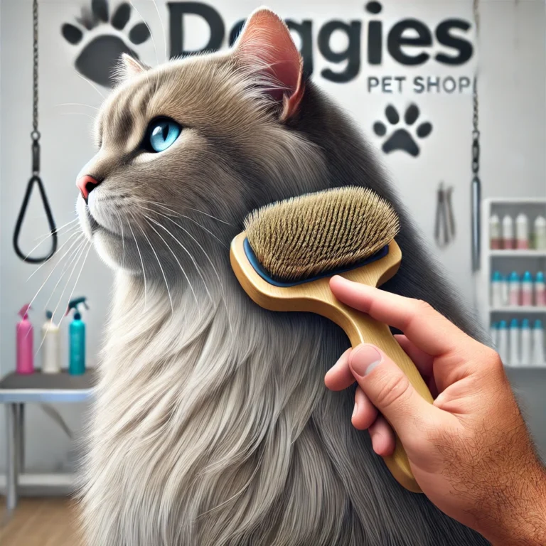 Mèo được chải lông nhẹ nhàng trước khi tỉa tại DOGGIES Pet Shop.