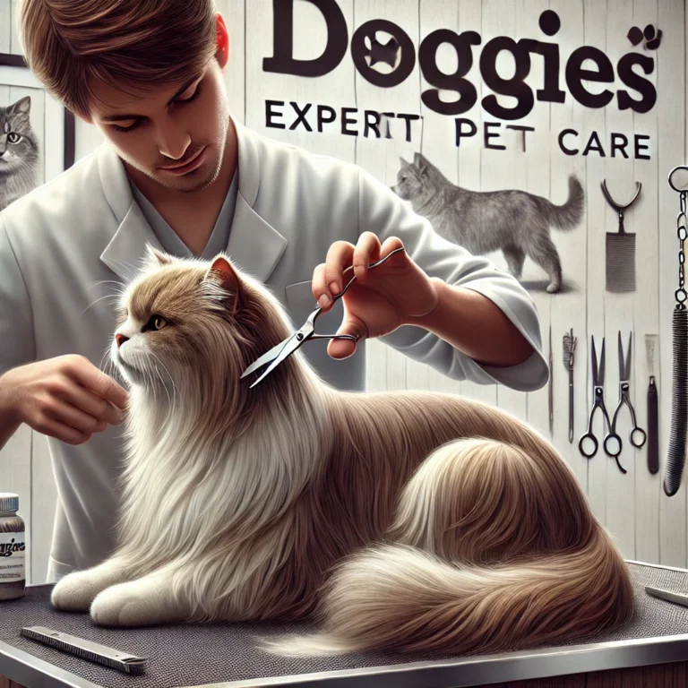 Groomer chuyên nghiệp tỉa lông mèo theo dáng tự nhiên tại DOGGIES Pet Shop.