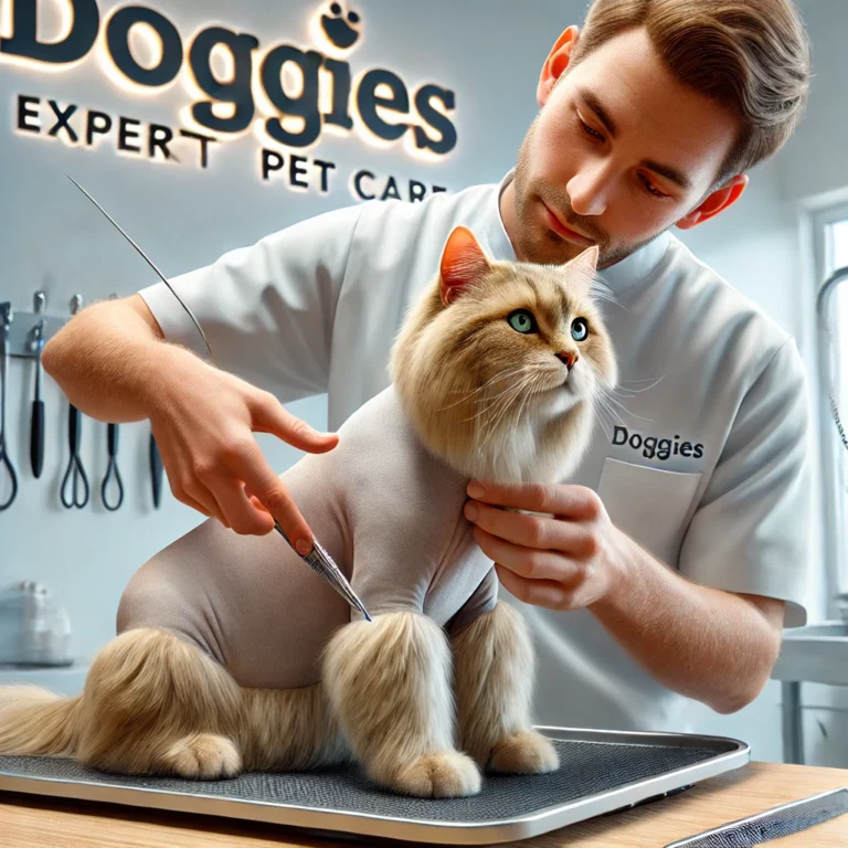 Groomer kiểm tra da mèo sau khi grooming tại DOGGIES Pet Shop.