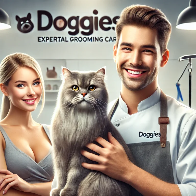Khách hàng vui vẻ ôm mèo sau khi được chăm sóc tại DOGGIES Pet Shop.