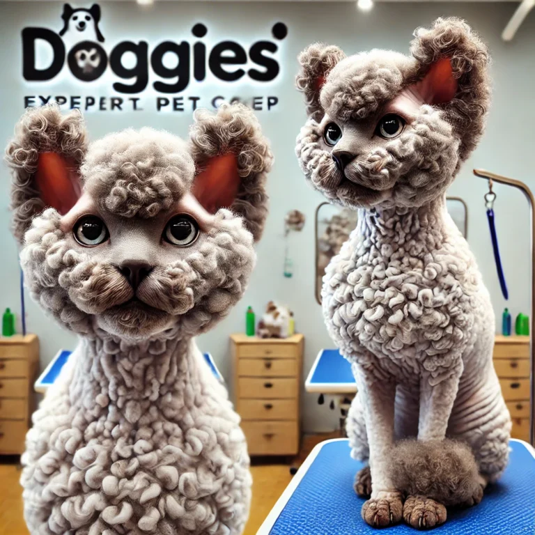 Mèo lông xoăn được grooming chuyên nghiệp tại DOGGIES Pet Shop với bộ lông mềm mại và hoàn hảo.