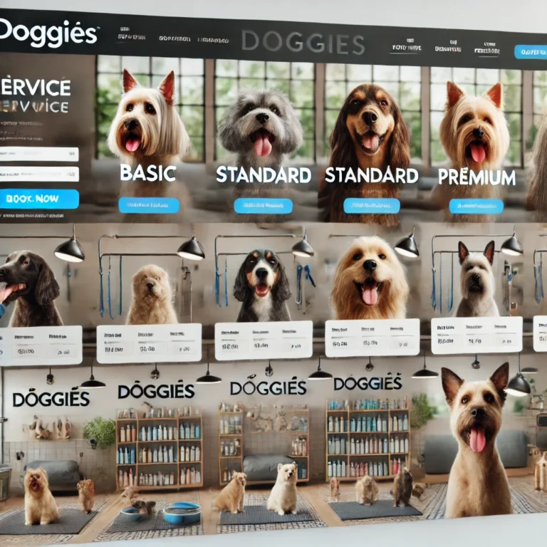 Giao diện trang web DOGGIES.vn với các gói dịch vụ và quy trình đặt lịch trực tuyến